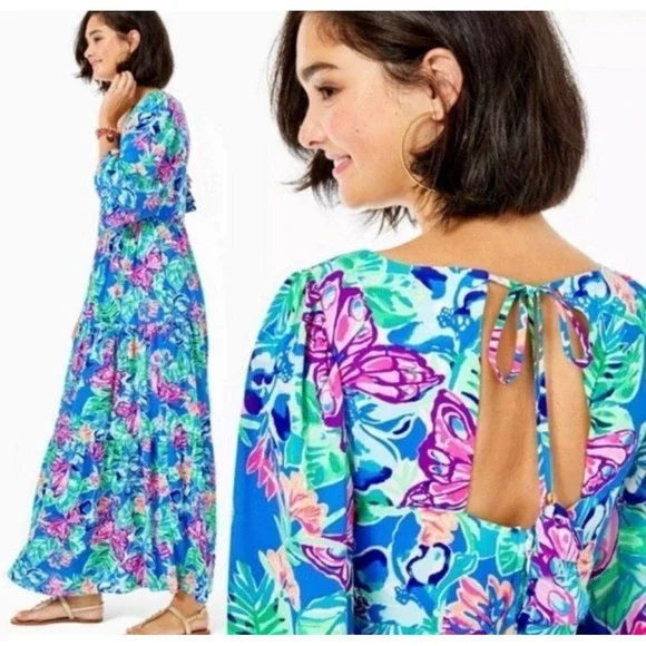 Lilly Pulitzer Rease Maxi Dress Butterfly Floral Print V Neck Tie Back Size 8 - Picture 2 of 12